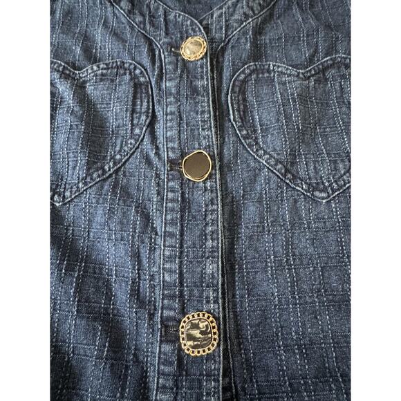 Cropped Jacket Womens Small Puff Sleeve Blue Denim Buttons Heart Pockets KUOSE - Picture 6 of 16